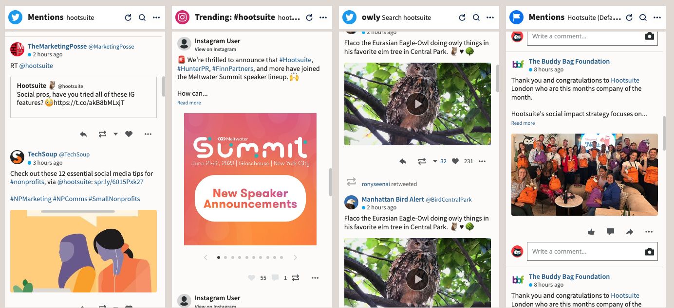 A social listening dashboard showing columns for mentions, trending hashtags, search results, and a feed of posts across platforms.